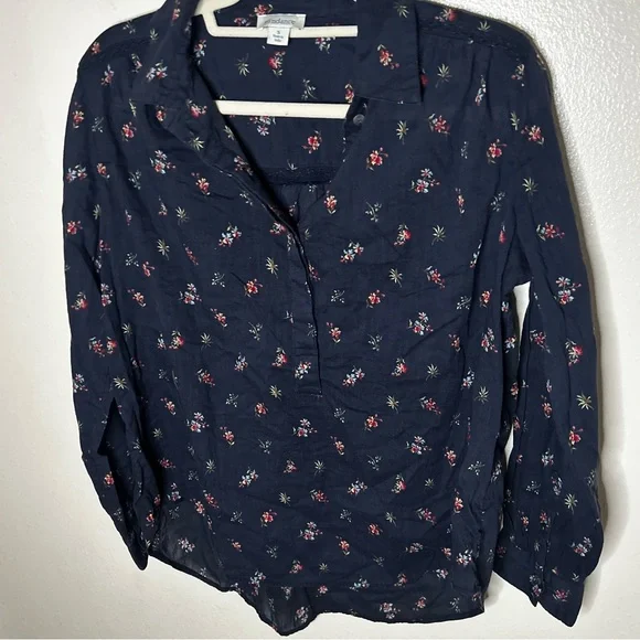 Sundance Navy Blue floral print half button down 100% cotton shirt - Picture 2 of 6